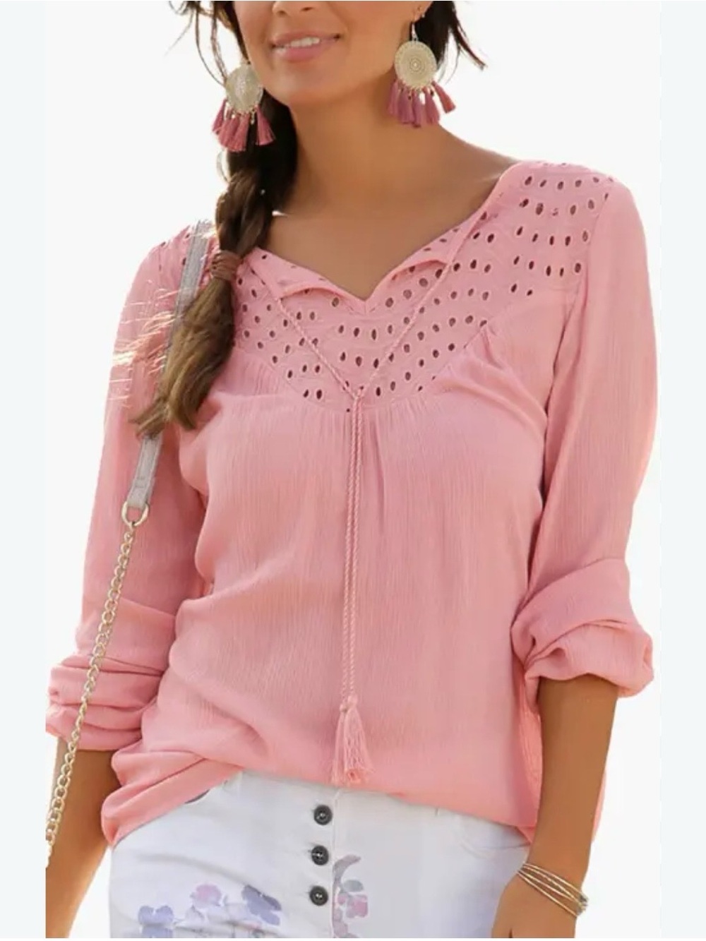 Women's Pink Eyelet Peasant Blouse with Tassel Ties